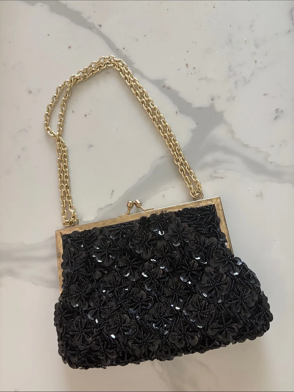 Vintage Black Beaded La Regale Evening Clutch with Gold Chain Strap